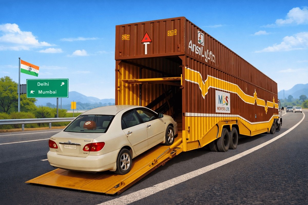 Car being loaded onto an enclosed car carrier for transport from Pune