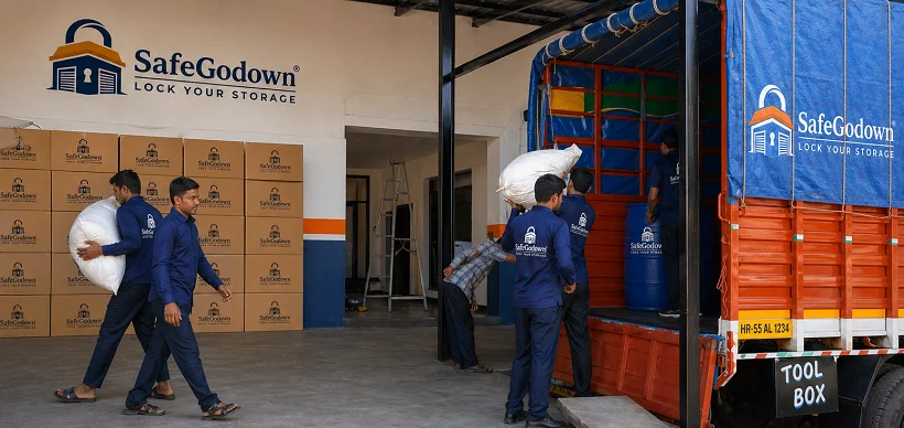SafeGodown crew wrapping a sofa and packing cartons during a house shifting in Pune